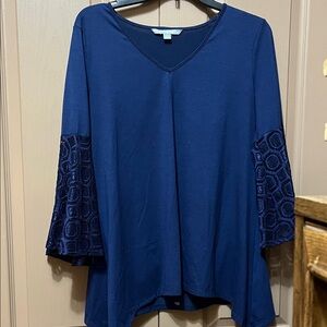 Navy Blue V-Neck Top with Lace Sleeves